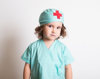 Doctors Scrub Hat, Halloween Costume Cap, Nurse Hospital Hat, Physician Hat, Surgeon Costume, Mint Blue Hat with Red Cross