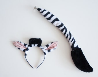 Zebra Ears Headband and Zebra Tail Set, Soft Animal Tail, Dress Up, Zebra Costume, Black and White Zebra Stripes