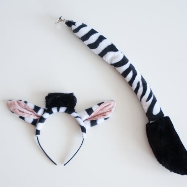 Zebra Ears Headband and Zebra Tail Set, Soft Animal Tail, Dress Up, Zebra Costume, Black and White Zebra Stripes
