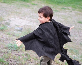 Black Dragon Costume with Wings, Kids Party Dragon Costume, Black Scaly 3D Fabric