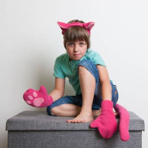 Pink Cat Cosplay Set - Gloves, Tail and Headband, Halloween Dress Up, Pink Cat Costume