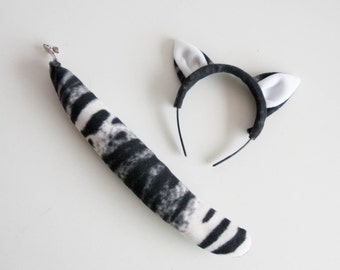 Cat Ears Headband and Cat Tail Set, Soft Animal Tail, Dress Up, Black and White Cat Costume