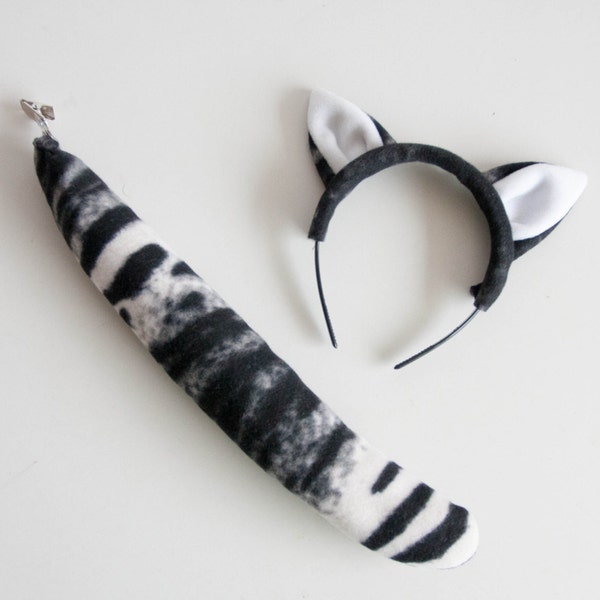 Cat Ears Headband and Cat Tail Set, Soft Animal Tail, Dress Up, Black and White Cat Costume