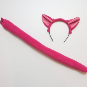 Pink Cat Ears Headband and Tail Set, Soft Animal Tail, Dress Up, Wild Cat Halloween Accessory