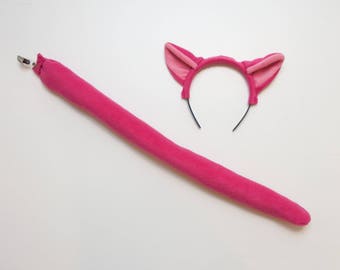 Pink Cat Ears Headband and Tail Set, Soft Animal Tail, Dress Up, Wild Cat Halloween Accessory