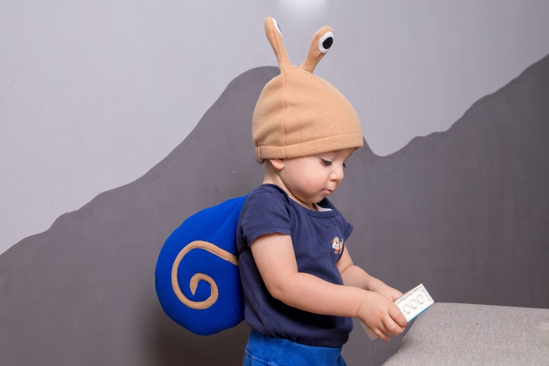 Toddler Boy Halloween Costume, Navy Blue and Beige Snail Costume, Snail Shell and Hat Cosplay Accessory, For Baby Girls Boys image 1