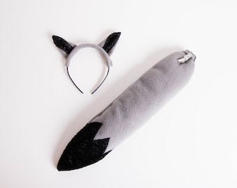 Wolf Tail and Ears Set, Wild Animal Halloween Costume Dress Up, Cosplay, Gray Black, Woodland Animal