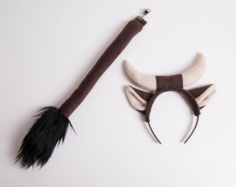 Bull Horns and Ears Headband and Tail Set, Cow Ears, Cow Horns, Cow Tail, Cow Halloween Costume, Bull Costume, Photo Prop