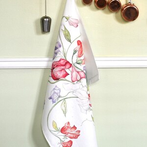Kitchen Tea Towel with April Birth Month Flower, Sweet peas, in Watercolor