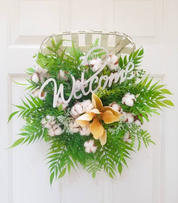 Tobacco Basket Cotton Floral Arrangement Farmhouse Decor Tobacco Basket Wall Hanger Front Door Wreath