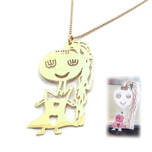 Sterling silver gold plated necklace with your kids drawing cut