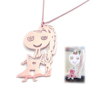 Sterling silver rose gold plated necklace with your kids drawing cut