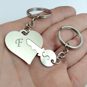 Set of 2 keychains heart key with monograms, matching keychains, 2 keyrings set