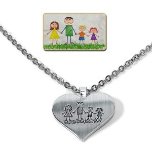 Hanger kindertekening gegraveerd hart, nikkelzilveren hanger, roestvrijstalen ketting, roestvrijstalen ketting