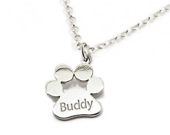 Sterling silver platinum plated personalized paw print necklace with engraved name of your pet