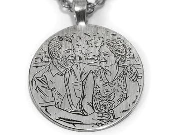 Nickel Silver Photo Engraved Pendant Necklace, Custom Date Text Back, Stainless Steel Chain