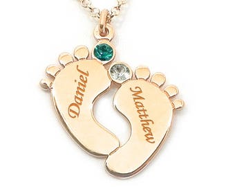 New Mom Necklace rose gold plated silver-Baby Feet with 2 names and birthstone swarovski crystals,Personalized Mommy necklace
