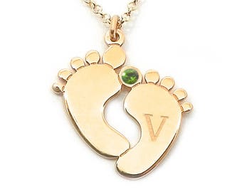 New Mom Necklace rose gold plated silver - Baby Feet with name initial and birthstone swarovski crystal, New Mommy necklace, monogram