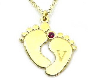 New Mom Necklace gold plated silver - Baby Feet with name initial and birthstone swarovski crystal,New Mommy necklace