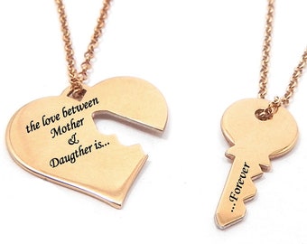 Rose gold plated sterling silver set of heart and key necklace, Mother daughter necklace set, Key to my heart necklace