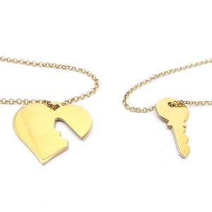 Gold plated sterling silver set of heart and key bracelets, best friends bracelets,sisters bracelets,mother and daughter