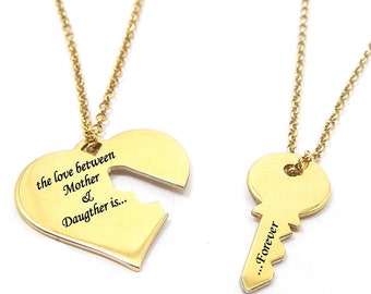 Gold plated sterling silver set of heart and key necklace, Mother daughter necklace set, Key to my heart necklace