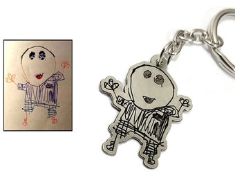 Nickel silver keychain with engraved drawing, stainless steel keyring