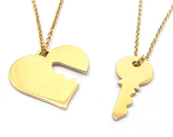 Gold plated sterling silver set of heart and key necklace, Couples necklace set, Key to my heart, Boyfriend gift