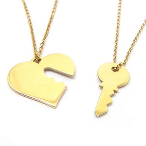 Gold plated sterling silver set of heart and key necklace, Couples necklace set, Key to my heart, Boyfriend gift