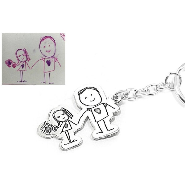 Sterling silver keychain with engraved drawing, stainless steel keyring