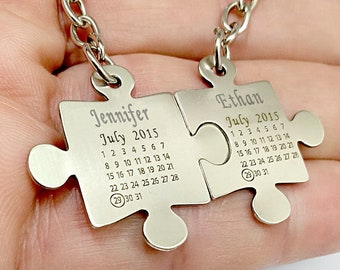 Personalized puzzle keychain with date on calendar and names  , 2 keychains set, couples keychain set,  matching keychains