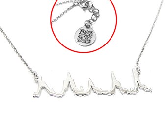 Sterling silver platinum plated necklace with outline cut soundwave and QRcode engraved on the chain end