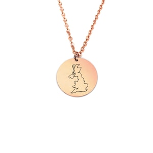 Pendentif pays en argent sterling plaqué or rose, chaîne en acier inoxydable, collier n'importe quelle carte, pendentif disque avec carte gravée