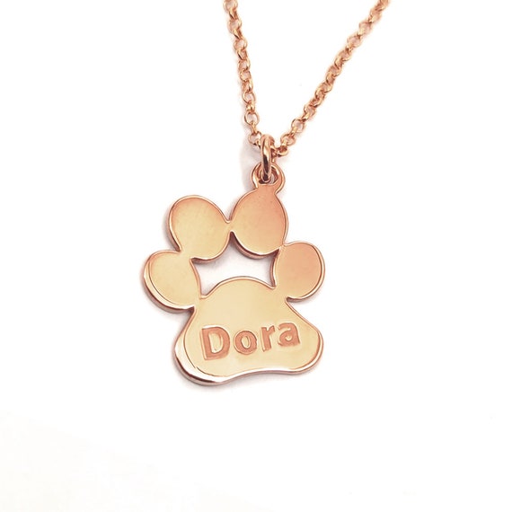 Sterling silver rose gold plated personalized paw print necklace with  engraved name of your pet