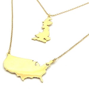 Doppelkette zwei Länder Halskette aus Sterlingsilber vergoldet, Zwei Staaten Halskette, 2 Karten Halskette, Long Distanz Halskette