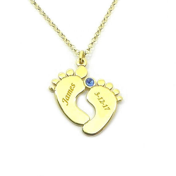 New Mom Necklace gold plated silver- Baby Feet with name date and  birthstone swarovski crystal, New Mommy necklace
