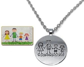 Child's Drawing Engraved Necklace, Nickel Silver Pendant, Stainless Steel Chain