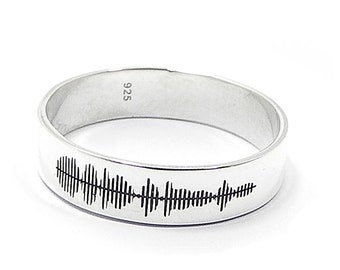 Sterling silver ring 5mm with engraved soundwave + QRcode printed on a card