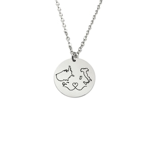 Pendentif en argent sterling avec 2 pays gravés, chaîne en acier inoxydable, collier n'importe quelle carte, pendentif disque avec cartes gravées
