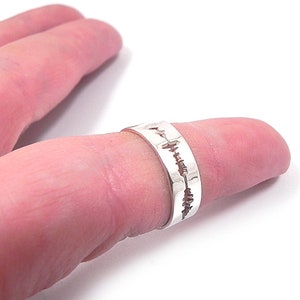 May include: A silver ring featuring a sound wave design. The ring is worn on a finger.