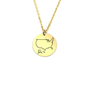 Sterling silver gold plated country pendant, Stainless steel chain, Any map necklace, disc pendant with engraved map