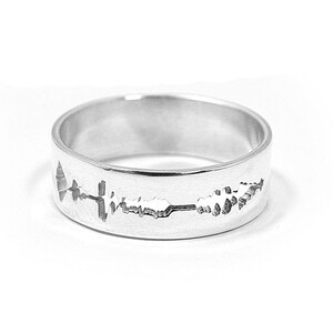 May include: A silver ring with a sound wave design cut out of the band.