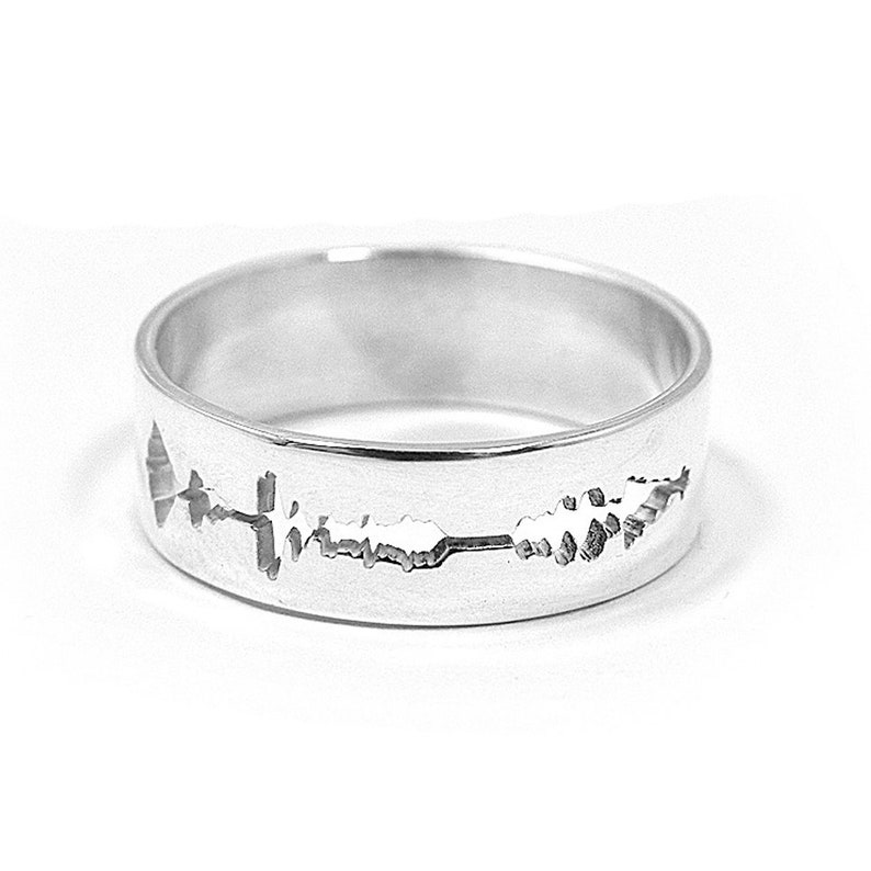 May include: A silver ring with a sound wave design cut out of the band.