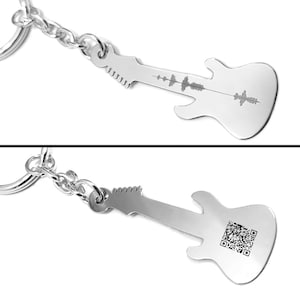 Sterling silver electric guitar keychain with your personal message soundwave + QRcode engraved on the back side