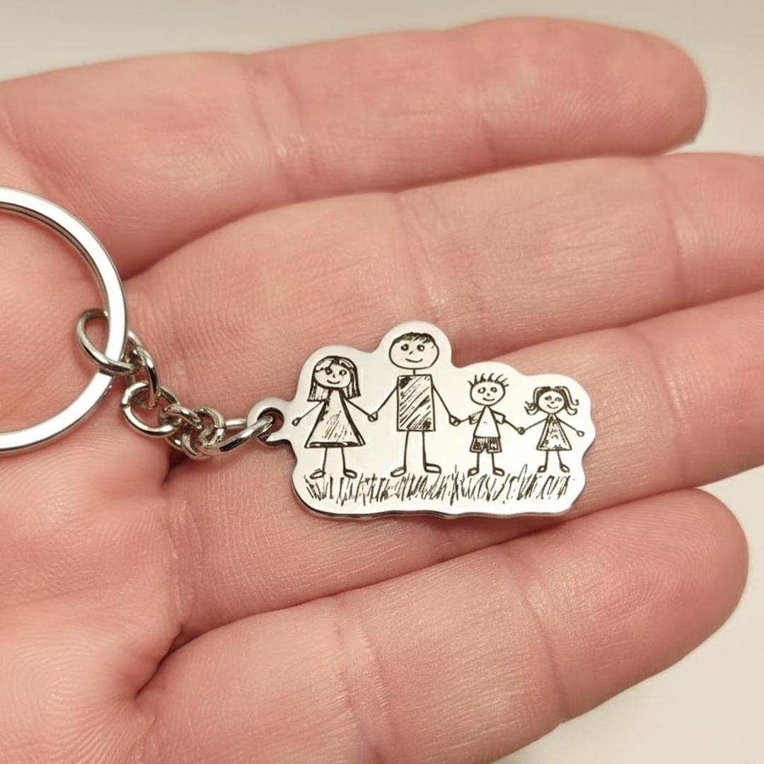 Keychain With Engraved Drawing on a Sterling Silver Tag, Stainless