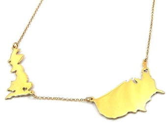 Sterling silver gold plated necklace with 2 countries maps, Two States Necklace, 2 maps necklace necklace, Long Distance Necklace