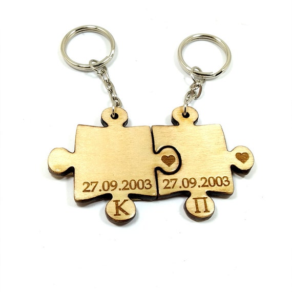 Personalized Puzzle Wooden Keychain 2 Keychains Set Couples Etsy