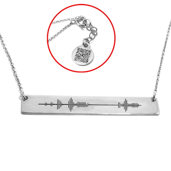 Sterling silver platinum plated necklace with engraved soundwave on horizontal plate 40x5mm and QRcode on the chain end