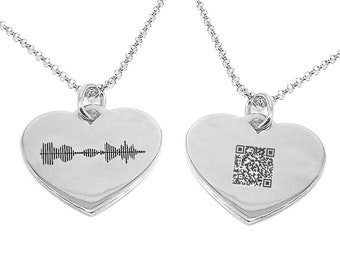 Sterling silver platinum plated necklace with soundwave engraved on a heart and QRcode engraved on the back