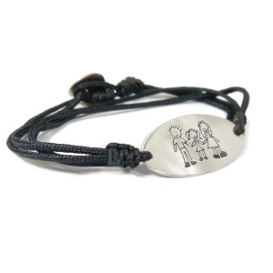 Sterling silver platinum plated double wrapped bracelet with your children&#39;s drawing engraved on oval tag 30x15mm